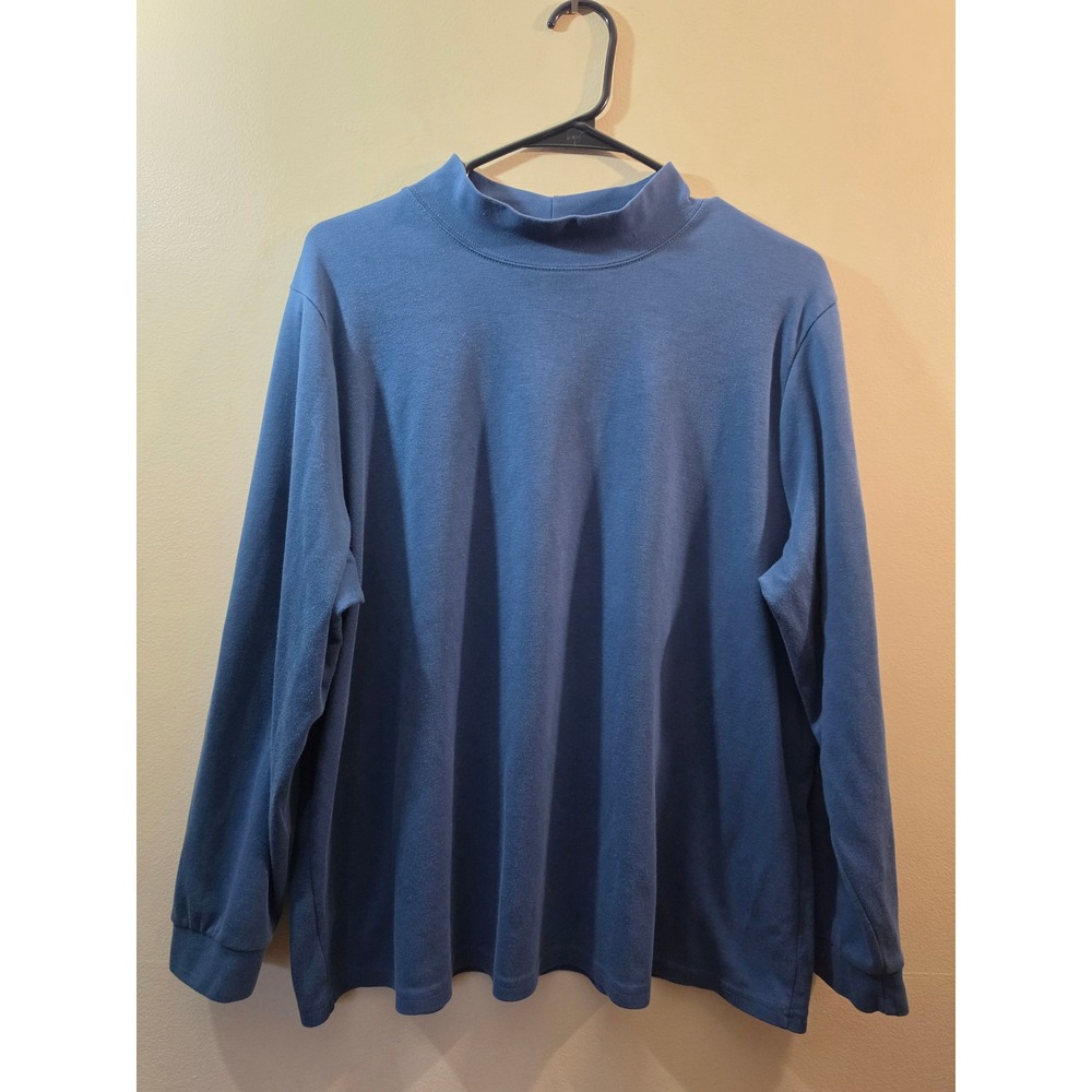 LL Bean Womens 2X Blue Mock Neck Long Sleeve Knit Top‎ Cotton Blend Shirt